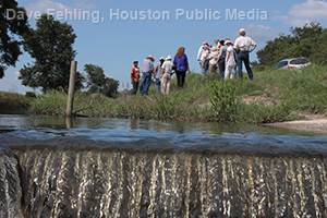 Participants in a Texas Riparian and Stream Ecosystem Education workshop in the Double Bayou watershed in Chambers County learn about riprian forests which provide streambank stability. 